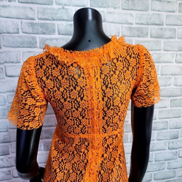 Vintage 70s Bright Orange Lace Popover Sheer Empire Waist Maxi Dress Boho Hippie - Picture 6 of 8